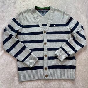 Tommy Hilfiger Cardigan Sz M Gray Navy Stripe Button-Up Preppy Casual Core